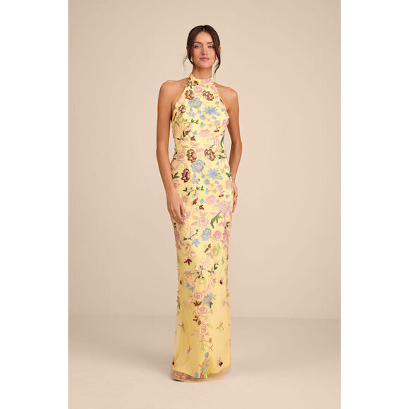 Lulus Dresses & Skirts - Lulus Infinite Praise Yellow 3d Floral Embroidered Halter Maxi Dress - Size S